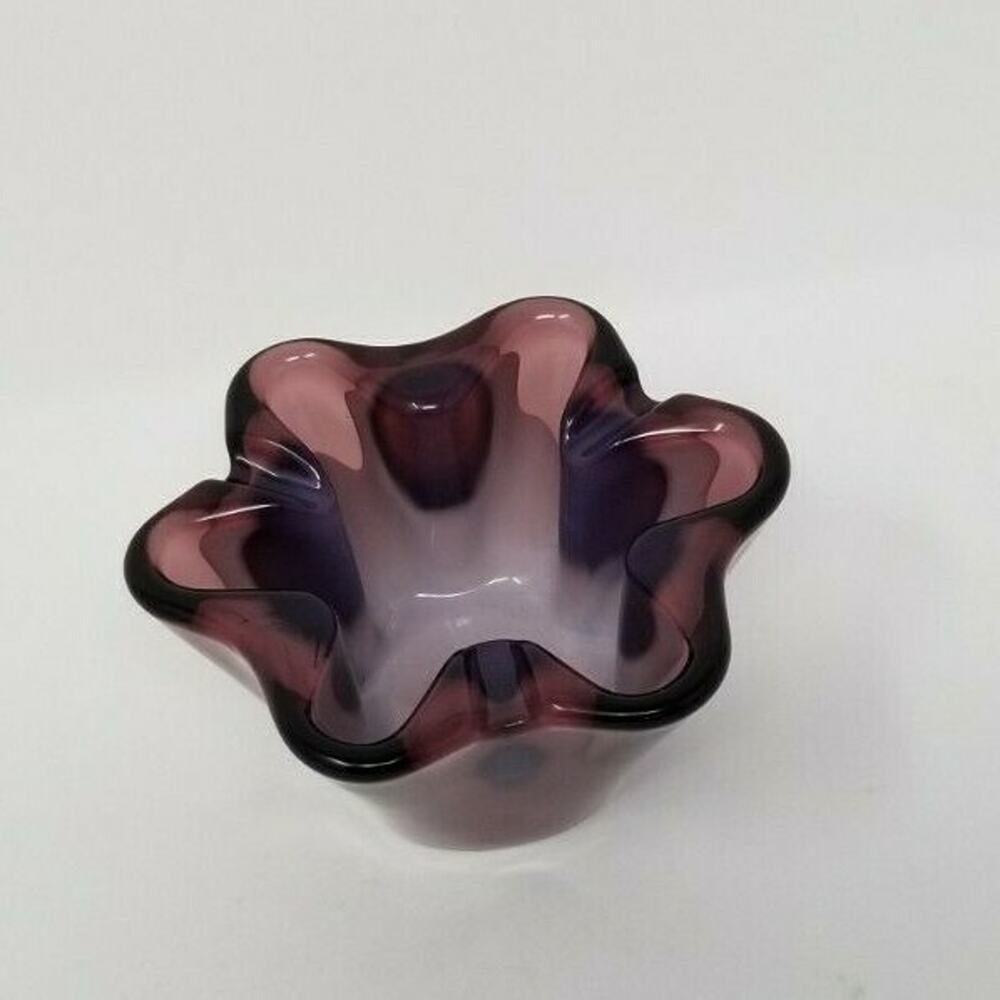Vintage MCM Sasaki Amethyst Purple White Art Glass Bowl Ashtray Mid Century